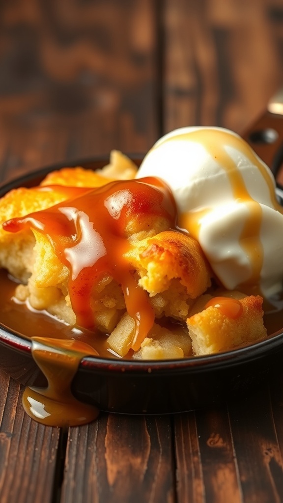 A warm bowl of bread pudding drizzled with caramel sauce and topped with vanilla ice cream on a rustic table.